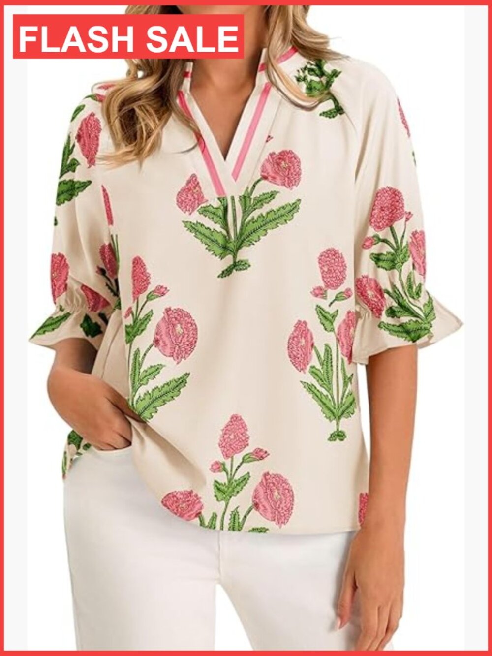 Floral Puff Sleeve V Neck Boho Blouse Dressy Casual Flowy Top